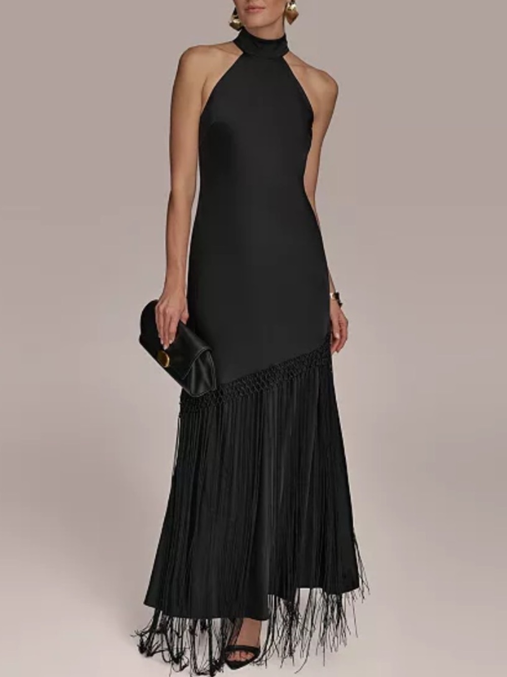Donna Karan High Neck Fringe Maxi Gown Black size 14 NWT